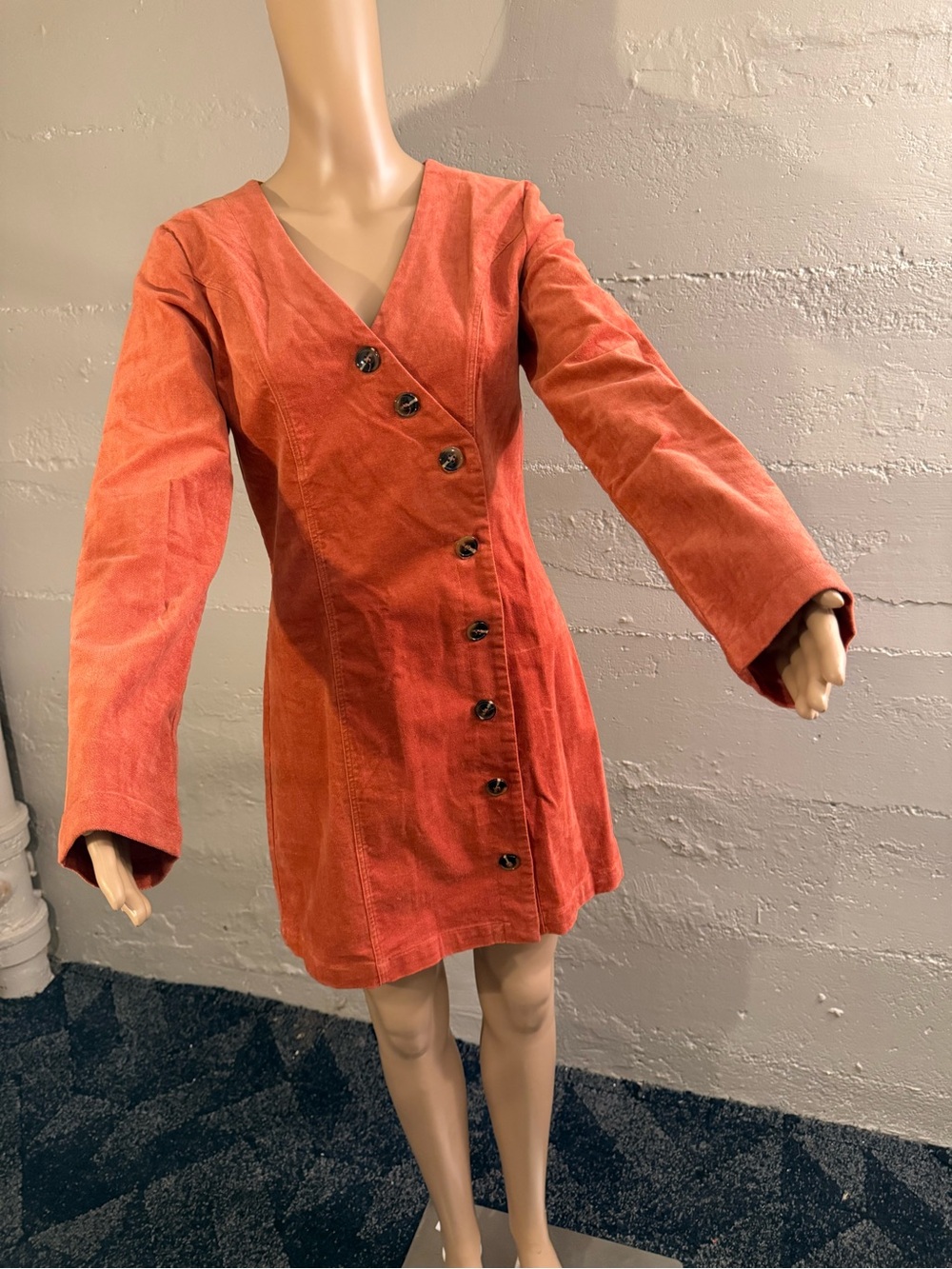 Asymmetrical Button Rust Orange Mini Dress